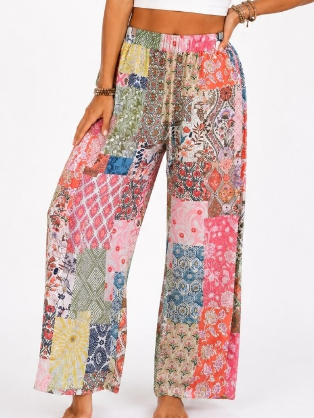 Boho Patchwork Wide Leg Palazzo Pants XL Colorful Festival Lounge Pants